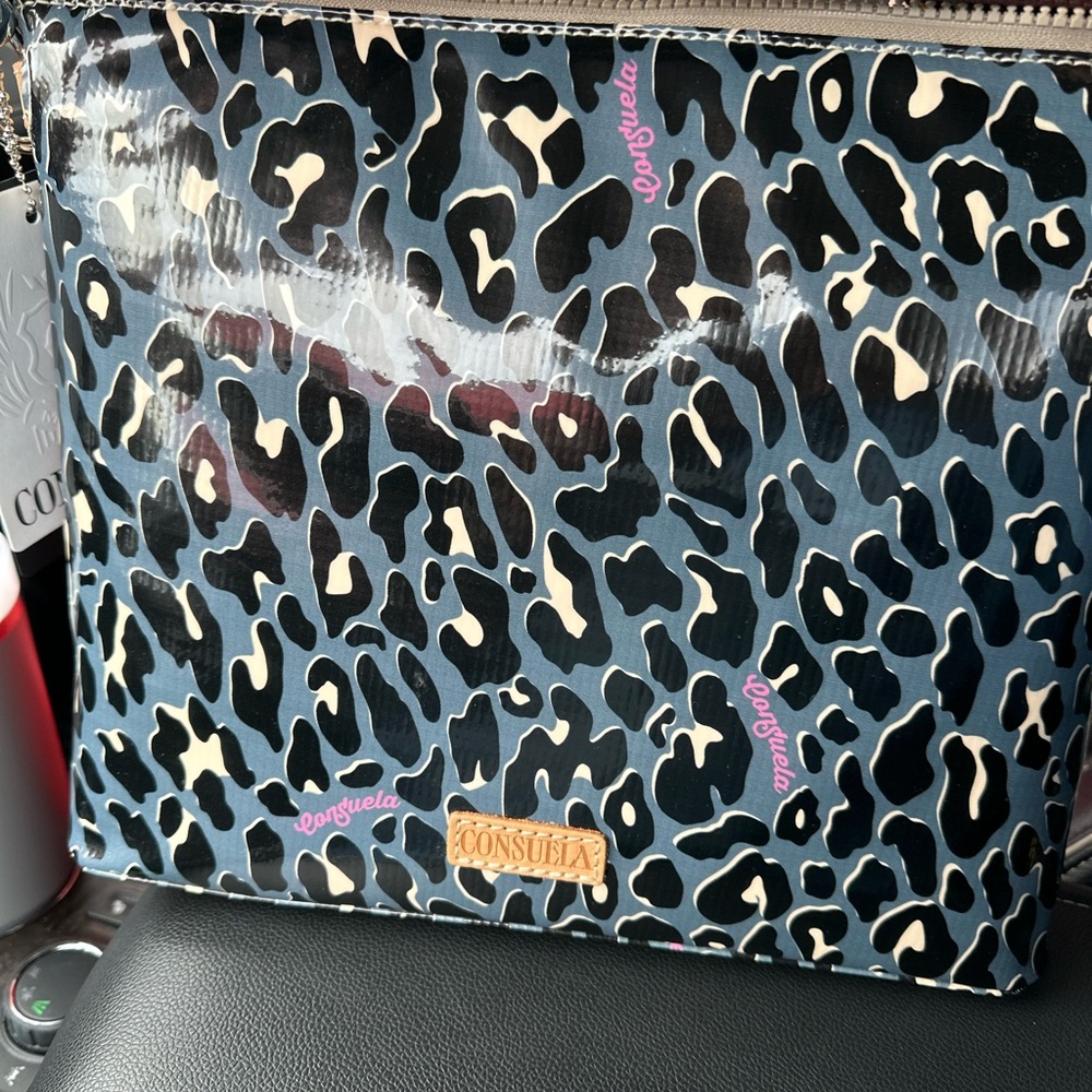 Consuela Blue and Black Cosmetic Bag with Leopard Print